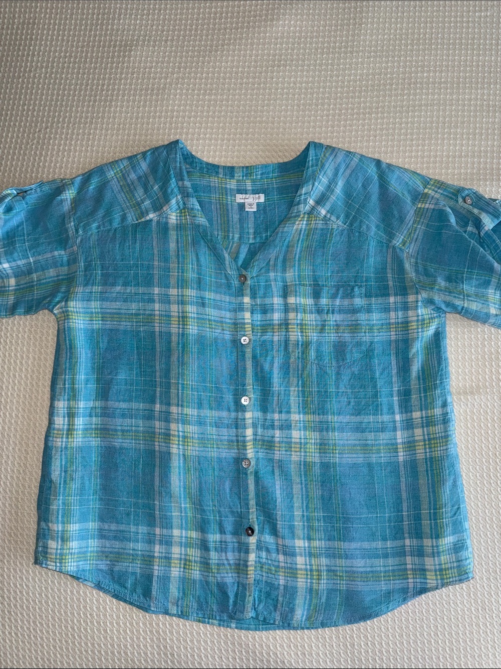 J Jill Linen Teal Plaid Blouse